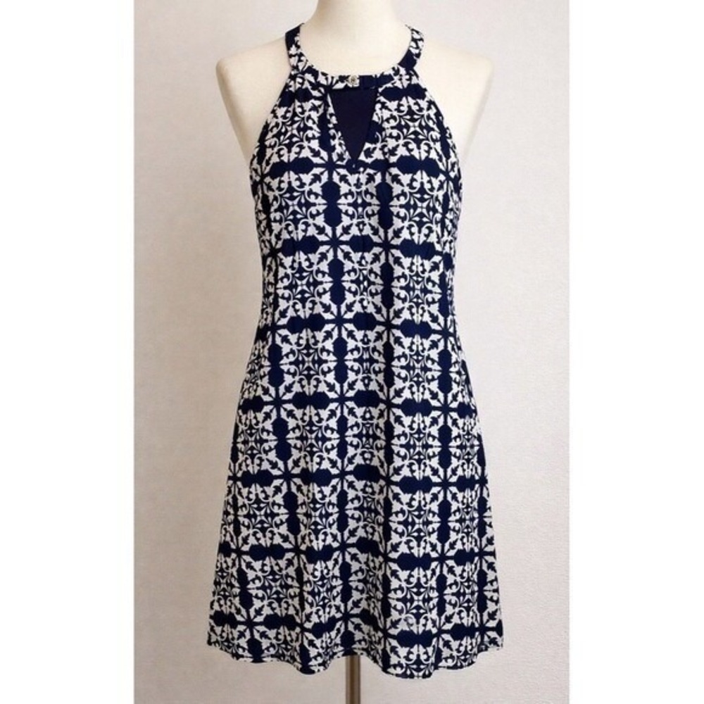 Peach Love Womens Small Halter Dress Navy White Geometric Fit Flare Mini Short